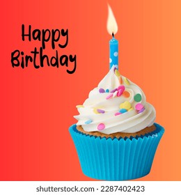 Happy birthday with cupcake and candle orange background