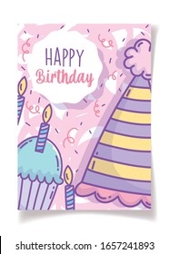 happy birthday cupcake with candle party hat celebration vector illustration