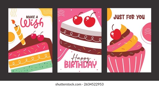 Happy birthday cupcake clipart poster set. Birthday greeting and wishes with slice of cake and cupcake clip art collection in colorful abstract background invitation card vector illustration.
