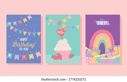 happy birthday, cupcake gifts rainbow decoration celebration greeting card and party invitation templates vector illustration