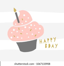 Happy Birthday Cupcake Greeting Card. Trendy cupcake with a candle and geometric sprinkles. Bday hipster poster.