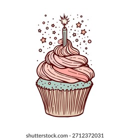 Feliz cumpleaños Cupcake dibujado a mano ilustración de boceto. Icono de Doodle de pastel para una Navidad, cumpleaños, fiesta, diseño de Festiva. Boceto de moda del postre dulce para el diseño del menú y el aniversario. No es IA
