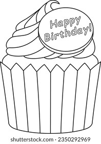 Happy Birthday Cupcake Isolated Coloring Page 