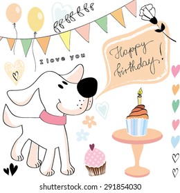 Happy Birthday Cupcake Muffin Candle Celebration Cute Dog Puppy Friend Flag Garland Pastel Balloon Haooy Hand Script Love Vector Illustration