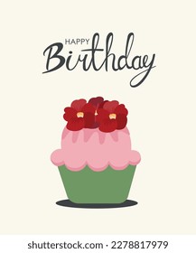 Happy Birthday Cupcake with Red Flowers