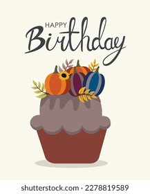 Happy Birthday Cupcake with Sunflower, Pumpkins
