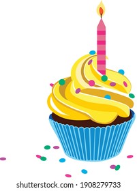 Happy Birthday Cupcake with Yellow Frosting, Blue, Chocolate Cupcakes, with Colorful Sprinkles and One Lit Candle