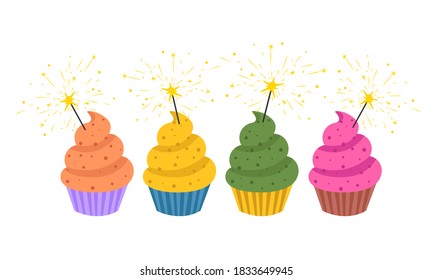 Happy birthday cupcakes with bengal lights isolated on white. Flat cartoon style. Vector illustration	