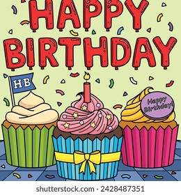 Happy Birthday Cupcakes Colored Cartoon