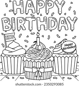 Happy Birthday Cupcakes Coloring Page for Kids