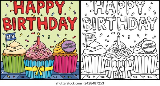 Happy Birthday Cupcakes Coloring Page Illustration