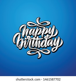 Happy Birthday custom hand lettering, play with letter swash, 3D lettering with ornament, white color on blue background