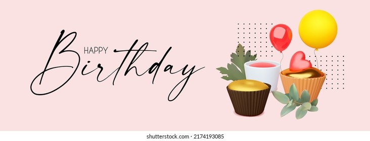 Happy Birthday cute 3D design template with cakes, cupcakes, balloons, hearts and leaves. Weddign, anniversary and nice cafe design