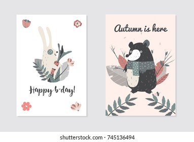 Happy Birthday with Cute Animals, Bear and Rabbit . Vector illustaration for you project.