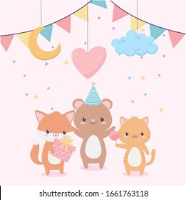 happy birthday cute animals gift balloon bunting cloud moon celebration decoration card vector illustration