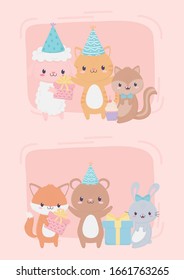 happy birthday cute animals gifts party hat cupcake celebration decoration card vector illustration