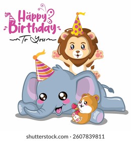 happy birthday from cute animals for greeting card, gift card