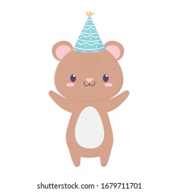 happy birthday cute bear party hat animal cartoon vector illustration
