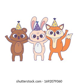 happy birthday, cute bear rabbit and fox with party hats celebration isolation design icon vector illustration