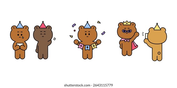 Happy Birthday with cute bears. Enoying Birthday party with friends. Cartoon style flat vector character illustrations.