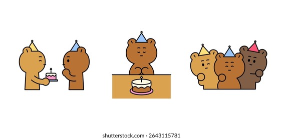 Happy Birthday with cute bears. Enoying Birthday party with friends. Cartoon style flat vector character illustrations.
