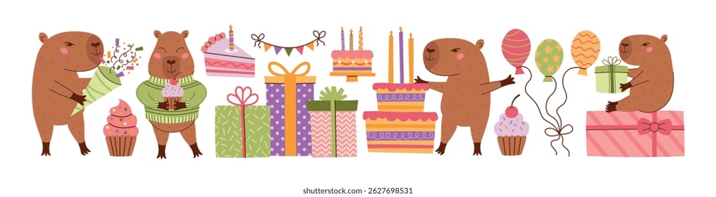 Happy birthday cute capybara with cake, balloons, gift boxes, candles. Party celebration pastel elements set. Festive collection with animal character. Vector flat illustration for kids, children.
