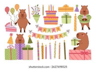 Feliz aniversário bonito capibara, pastel elementos set. Capivara com bolo, balões, caixas de presente, velas, chapéus de festa. Cenário de celebração com caráter animal. Ilustração vetorial para impressão, scrapbooking.
