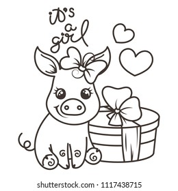 Happy birthday. Cute cartoon baby pig with holiday box. Vector illustration, coloring page