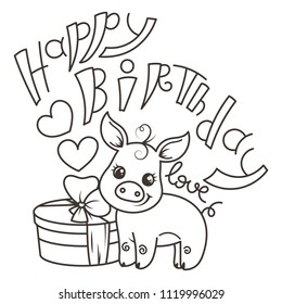 Happy birthday. Cute cartoon baby pig with holiday box. Vector illustration, coloring page