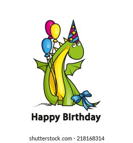 Happy birthday. Cute cartoon dragon wearing party hat and holding balloons