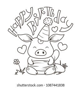 Happy Birthday. Cute cartoon pig in love. Symbol of New 2019 Year. Chinese horoscope. Coloring page