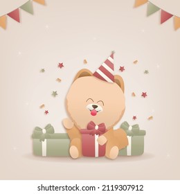 Happy birthday cute dog template design elements for party invitations A brown dog is sitting near a gift box. happy smiling dog Paper And Craft Style Vector Illustration