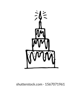 Happy birthday cute in doodle style cake, delicious dessert gift. Isolated on a white background. Three tiers of cake and candle