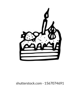 Happy birthday cute in doodle style piece of cake, cupcake delicious dessert gift. Isolated on a white background. puff dessert and candle