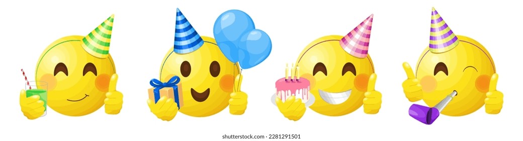 Alles Gute zum Geburtstag, süße Emotion mit Partyhütten, Pfeifen, Geburtstagstorchen, Ballons und Geschenkbox	