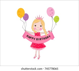 Happy birthday cute fairy girl greeting card with colorful balloon