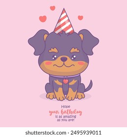 Feliz cumpleaños. Lindo cachorro festivo con gorra de cumpleaños. Festiva caricatura kawaii personaje animal perro Rottweiler. Ilustración vectorial. Colección para niños