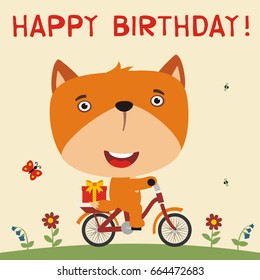 Happy birthday! Cute fox rides on bike with gift. Greeteng card.