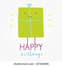 Happy Birthday cute and funny illustration. Gift box cartoon character. Smiley face character for your design. Happy birthday card