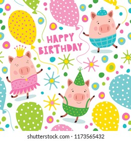 Happy Birthday Cute Funny Pigs Seamless Stock Vector (Royalty Free ...