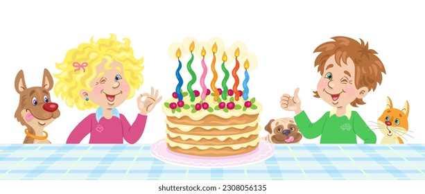 Happy birthday! Cute girl, funny boy with their pets are sitting at the table with a big cake with candles. In cartoon style. Isolated on white background. Vector flat illustration.