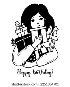 Happy birthday. Cute girl with gifts and boxes with bows. Vector illustration. Hand drawn doodle. Female character for design of holiday themes