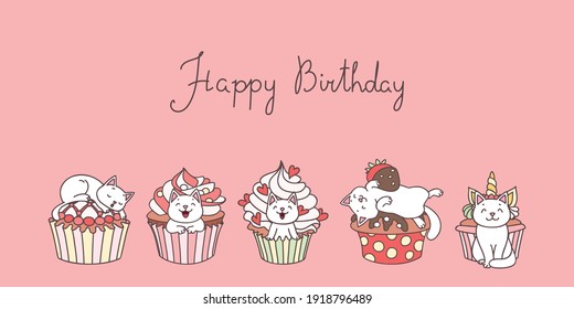 Happy Birthday. Cute greeting card with a little white kittens playing with cupcakes. Vector 10 EPS.