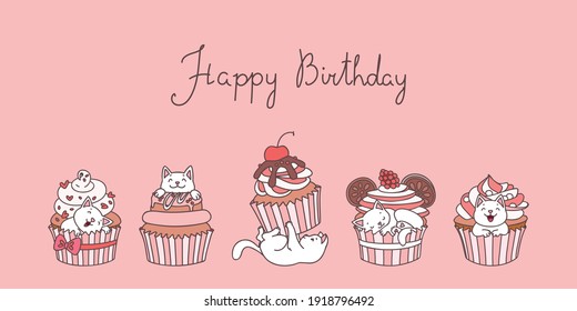 Happy Birthday. Cute greeting card with a little white kittens playing with cupcakes. Vector 10 EPS.