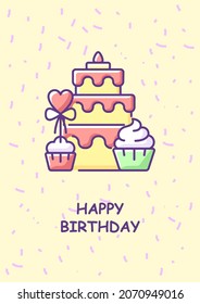 Happy birthday cute greeting card with color icon element. Anniversary wishes. Postcard vector design. Decorative flyer with creative illustration. Notecard with congratulatory message