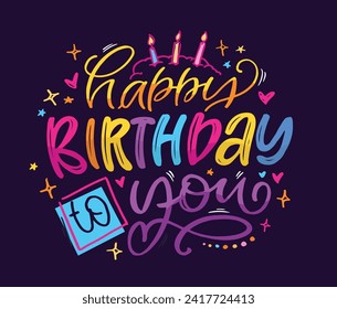 Feliz cumpleaños - linda postal de doodle dibujada a mano. Es hora de celebrar. Haz un deseo. Hora de la fiesta de cumpleaños - etiqueta para la pancarta, diseño de camisetas.100% vector