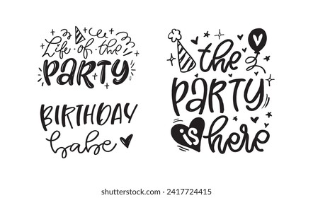 Feliz cumpleaños - linda postal de doodle dibujada a mano. Es hora de celebrar. Haz un deseo. Hora de la fiesta de cumpleaños - etiqueta para la pancarta, diseño de camisetas.100% vector