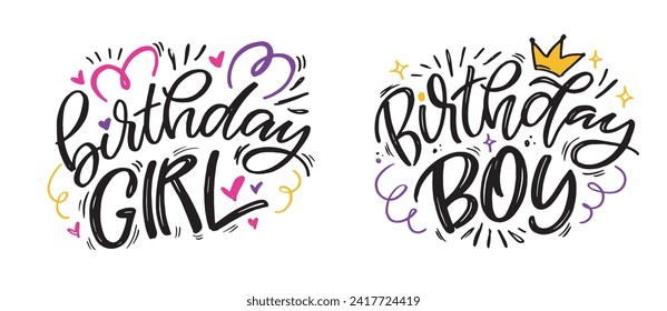 Feliz cumpleaños - linda postal de doodle dibujada a mano. Es hora de celebrar. Haz un deseo. Hora de la fiesta de cumpleaños - etiqueta para la pancarta, diseño de camisetas.100% vector