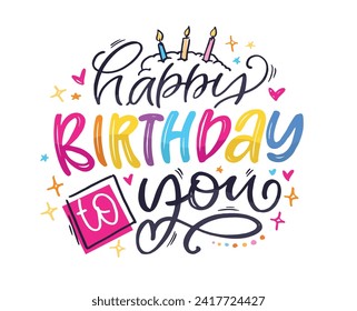 Feliz cumpleaños - linda postal de doodle dibujada a mano. Es hora de celebrar. Haz un deseo. Hora de la fiesta de cumpleaños - etiqueta para la pancarta, diseño de camisetas.100% vector