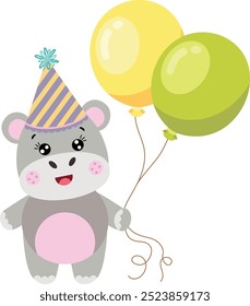 Happy birthday cute hippo holding balloons